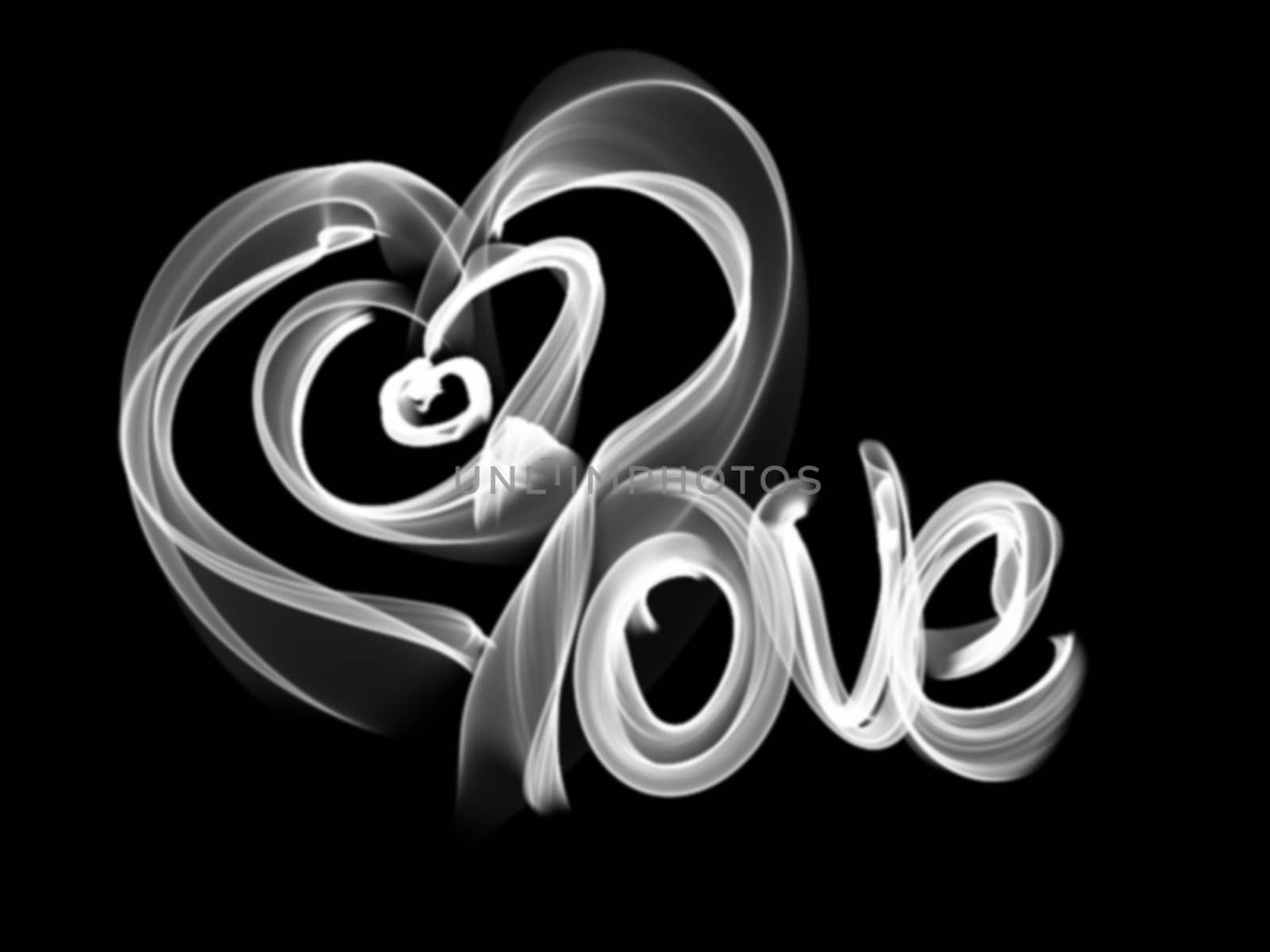 Love isolated word lettering and heart written with fire flame or smoke on black background.