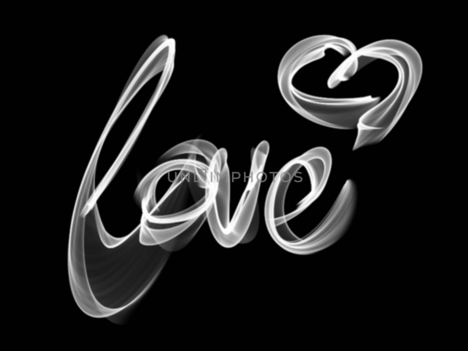 Love isolated word lettering and heart written with fire flame or smoke on black background.