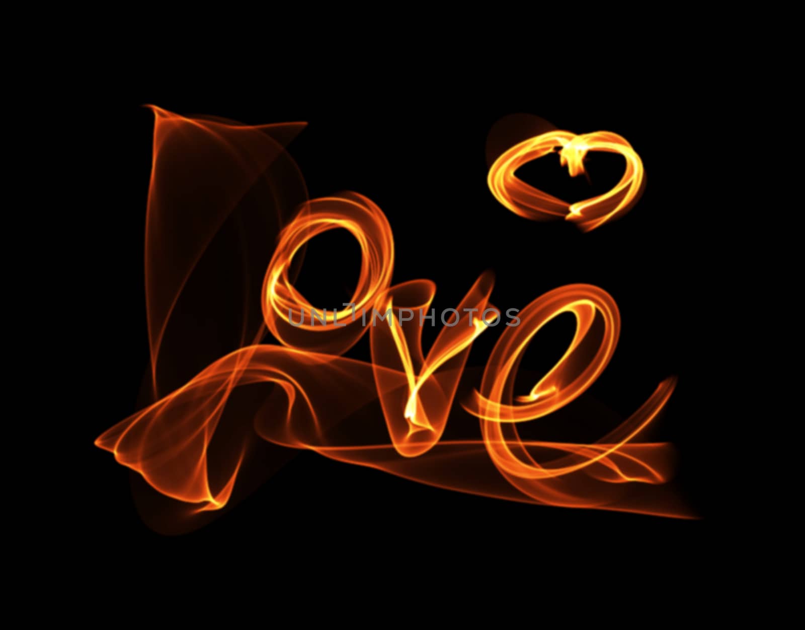 Love isolated word lettering and heart written with fire flame or smoke on black background by skrotov