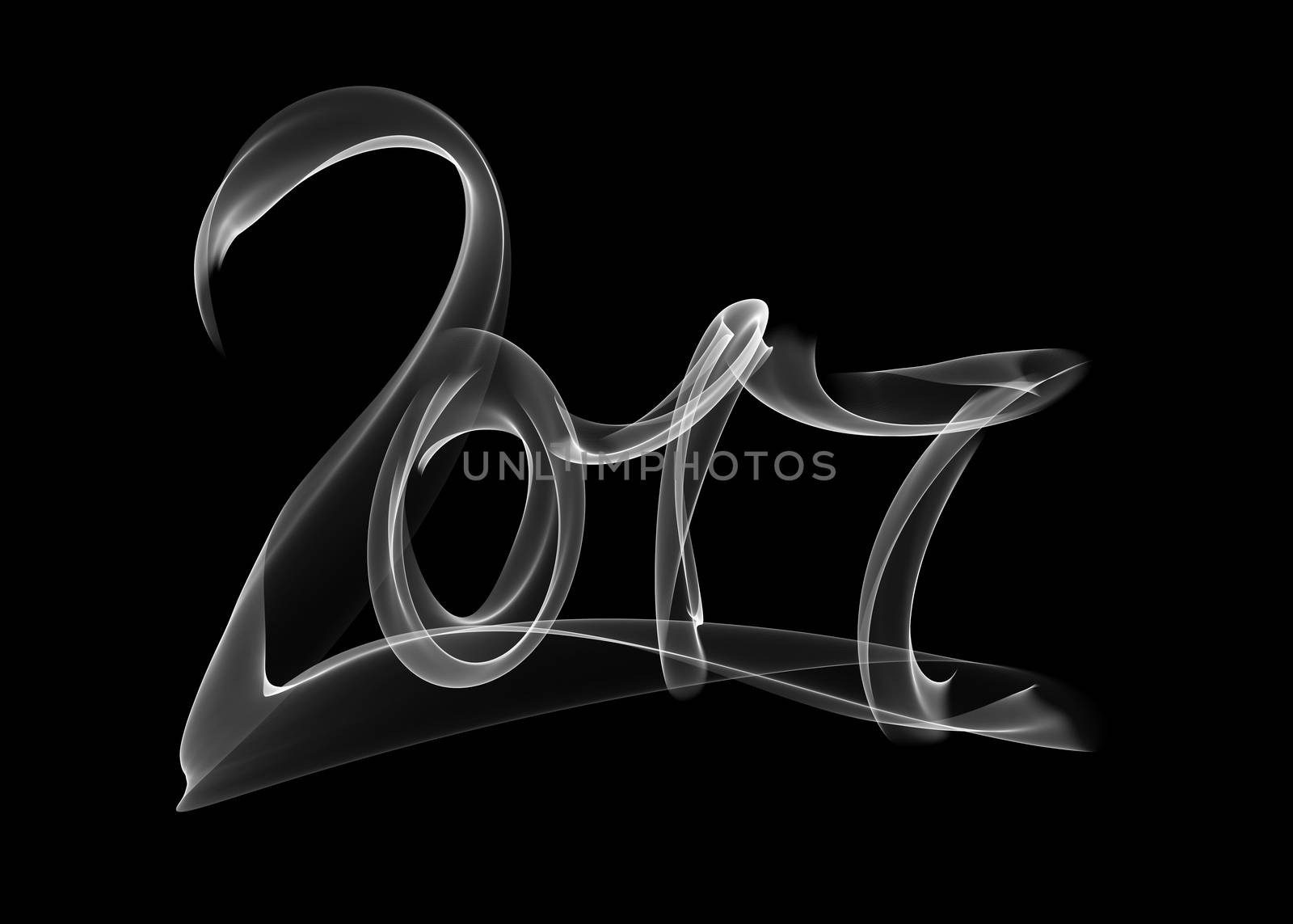 Happy new year 2017 isolated numbers lettering written with white fire flame or smoke on black background.