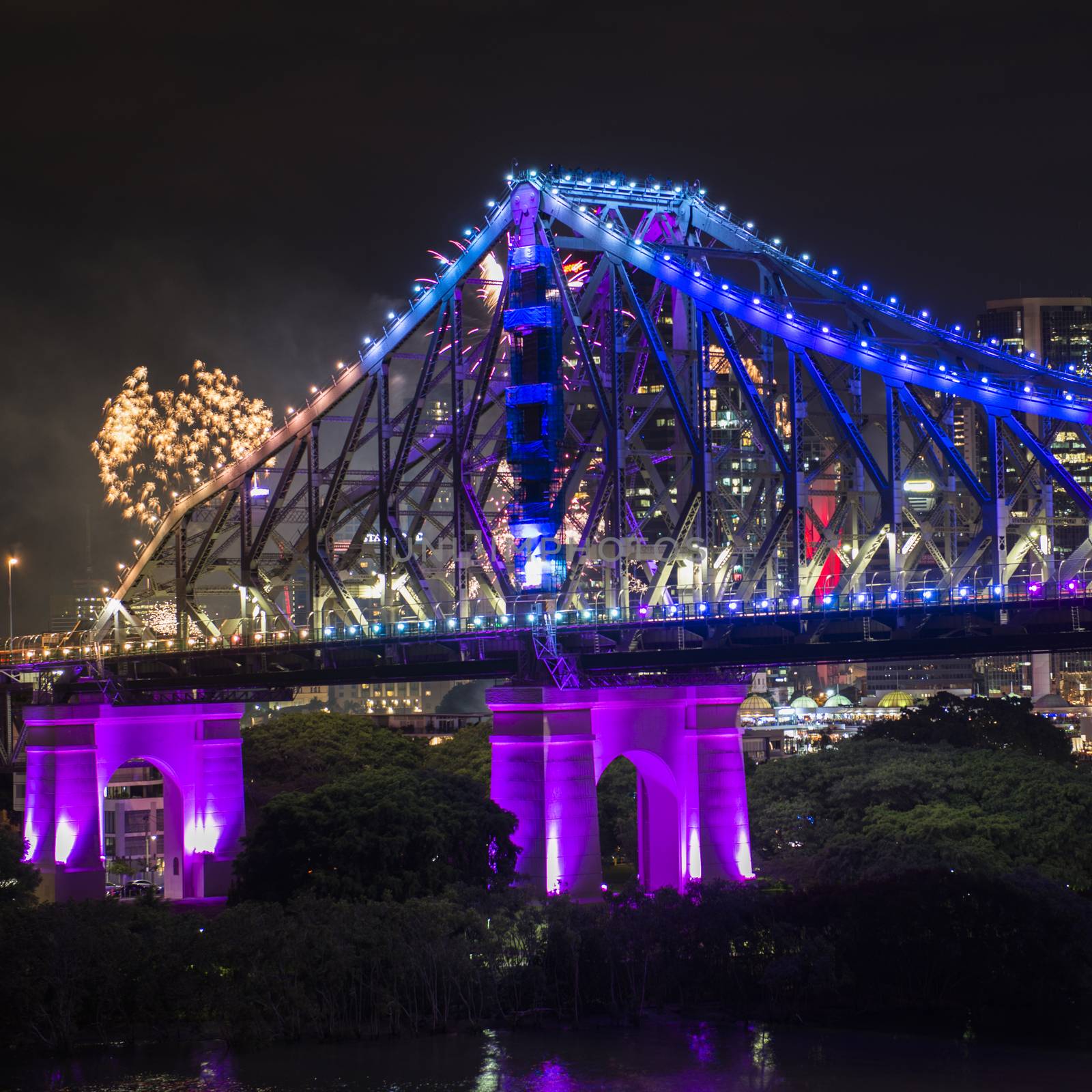 The iconic Story Bridge on New Years Eve 2016 with fireworks in Brisbane, Queensland, Australia