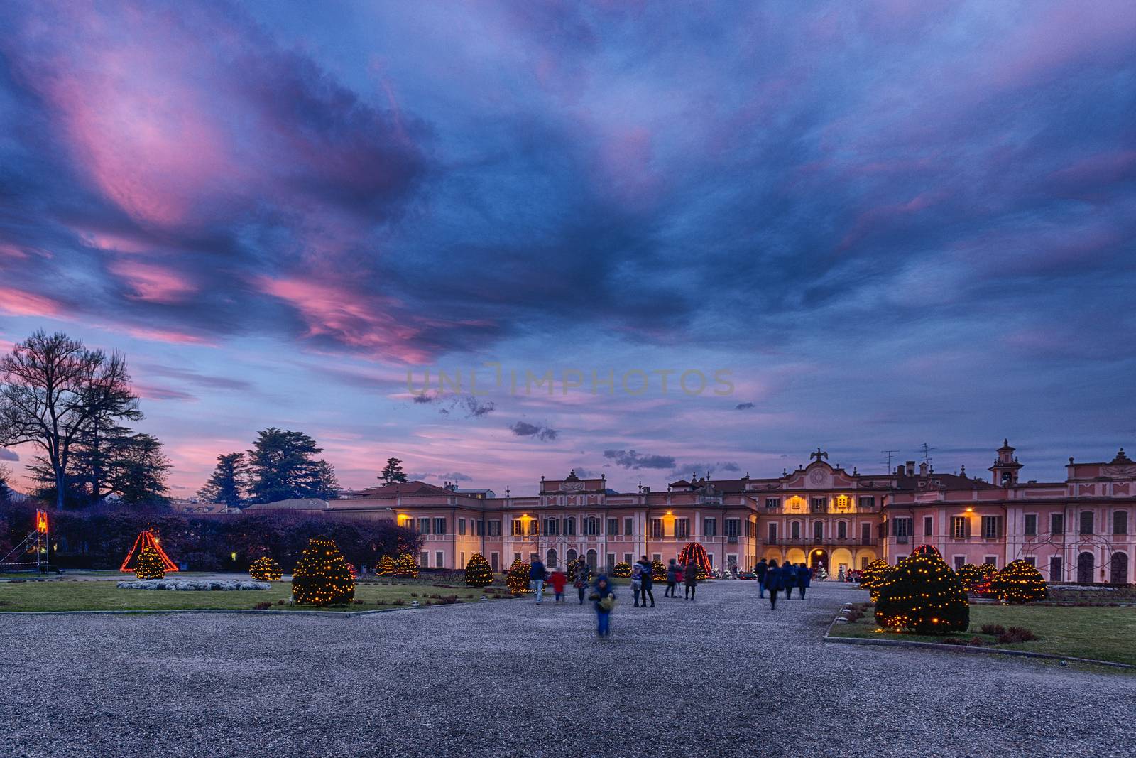 Christmas lights in the public gardens of Estense Palace, Varese