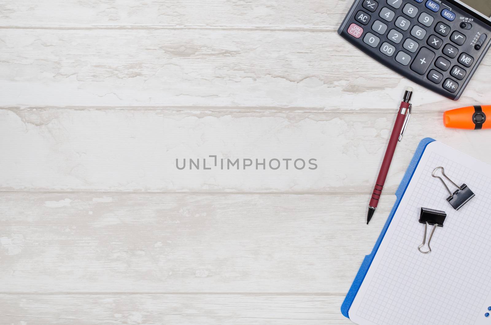 Business desk in office top view banner concept by simpson33