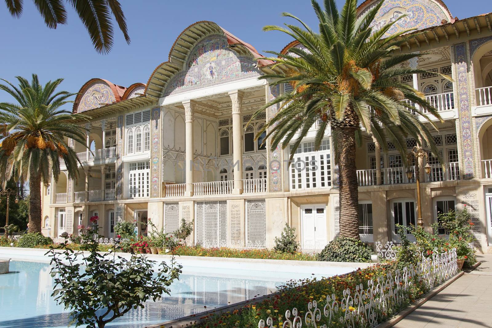 SHIRAZ, IRAN - OCTOBER 7, 2016: Beautiful palace within the Eram Garden on October 7, 2016 in Shiraz, Iran, Asia