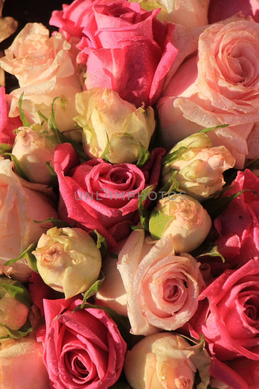 Mixed pink roses in a floral wedding decoration