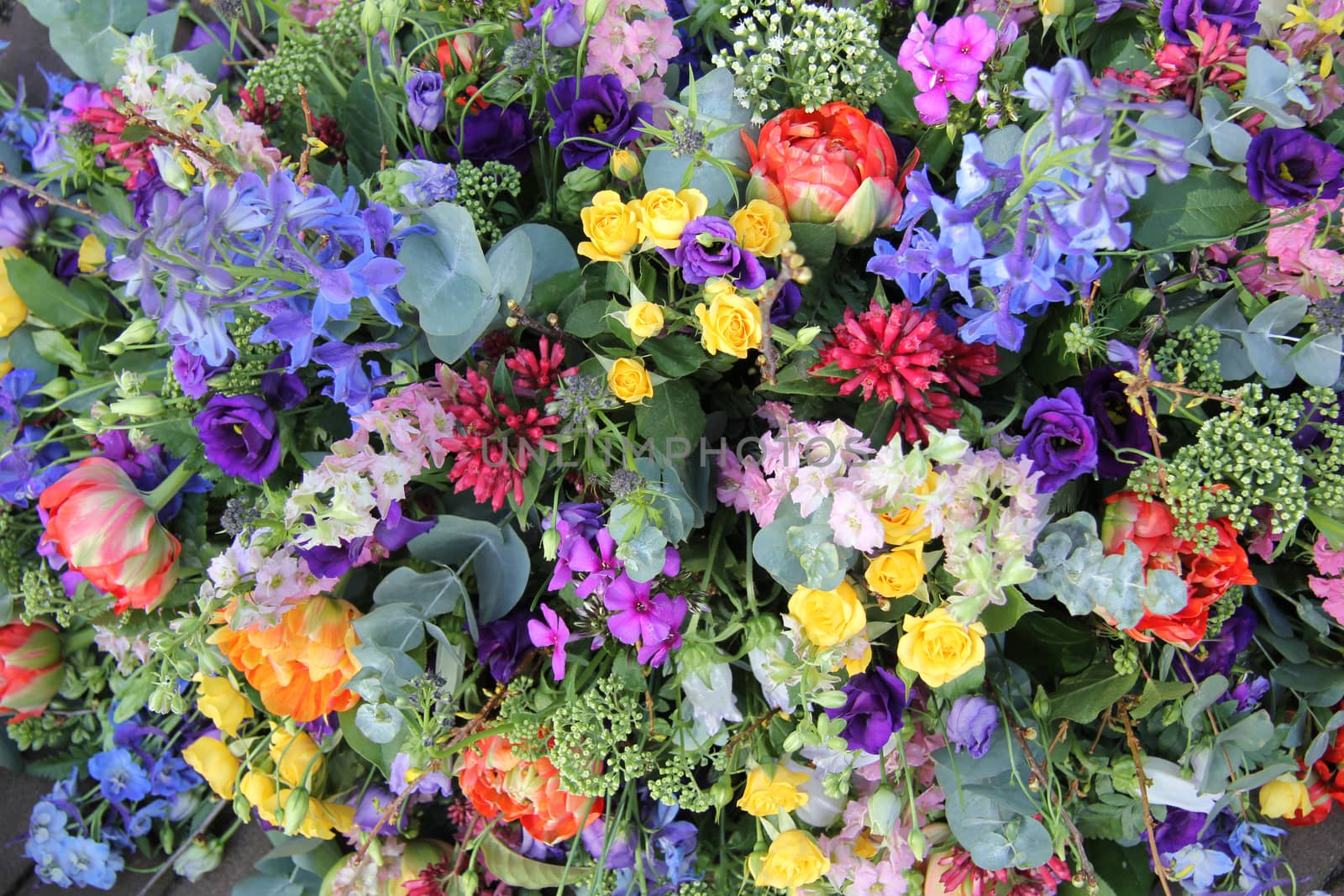 Mixed flower arrangement in various shades of blue