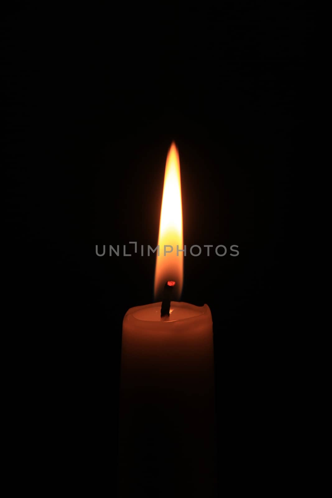 Single burning candle, close-up in the dark