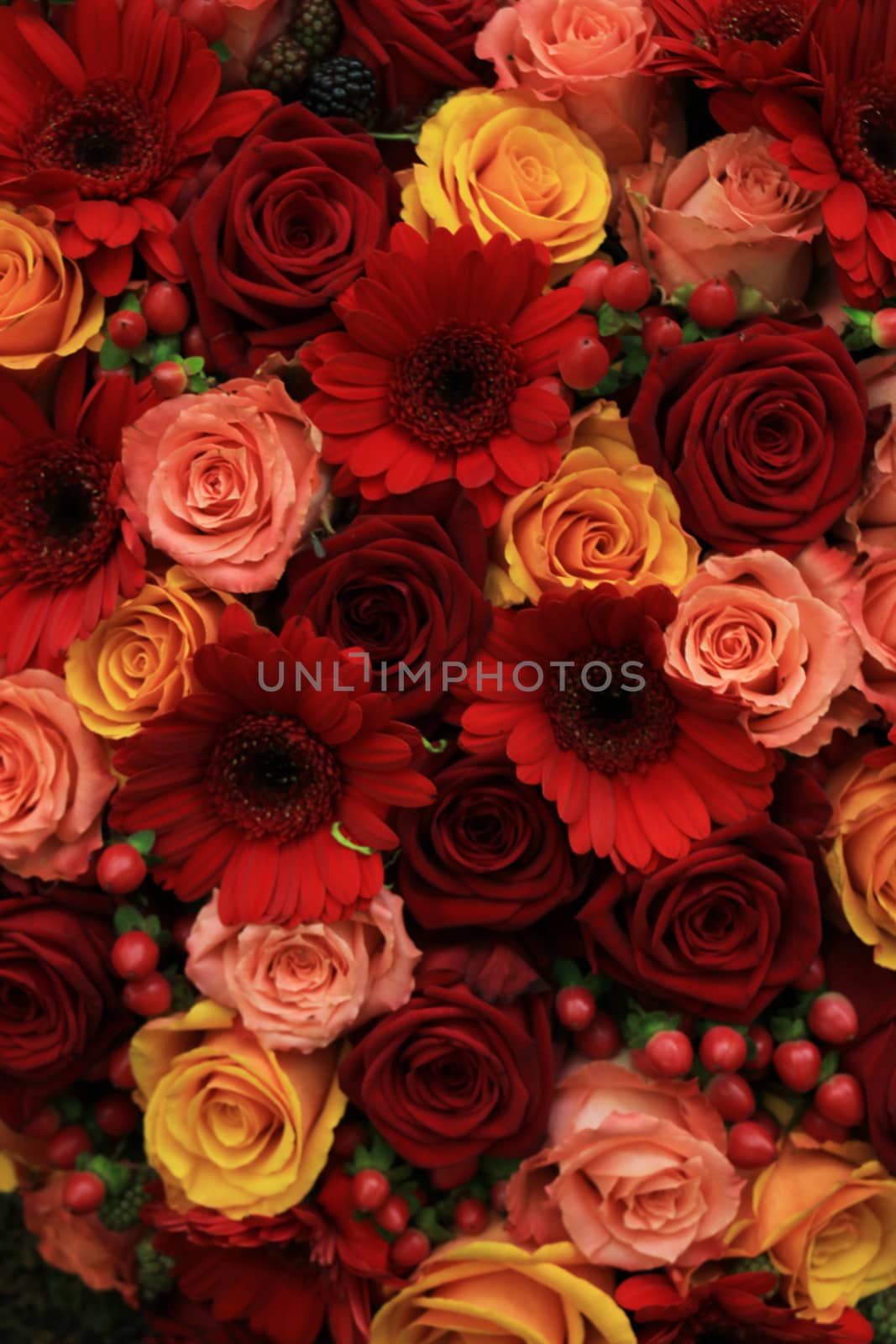 Mixed rose wedding arrangment in red, pink, orange and yellow