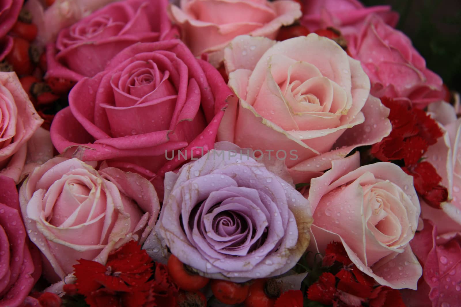 Bridal flower arrangement in various shades of pink and purple, mixed with red berries