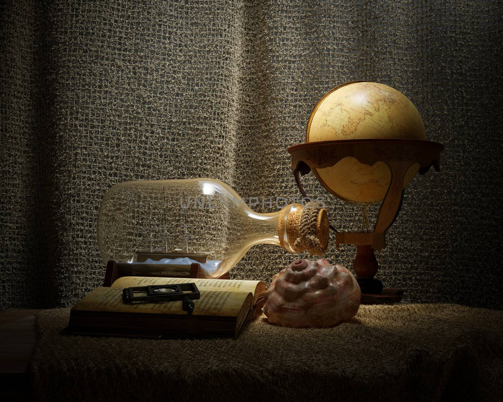 Seashell in interior scene with globe and ship in the bottle concept photo by denisgo