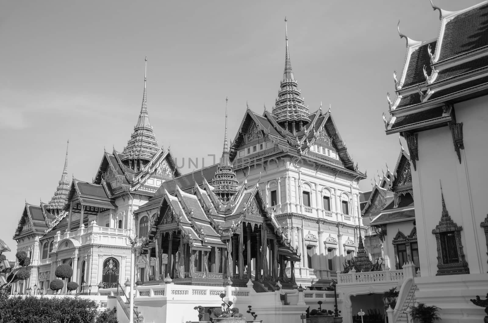 Grand Palace court and Chakri Maha Prasat building in Bangkok, Thailand - Black and White