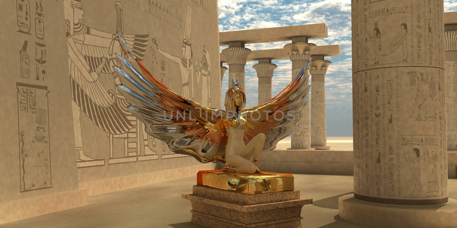 An Isis statue in the Temple of Isis which is part of the religion of ancient Egyptian civilization.