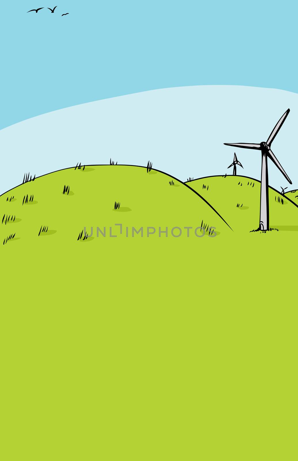 Cartoon background of three wind turbines on side of green rolling hills with copy space