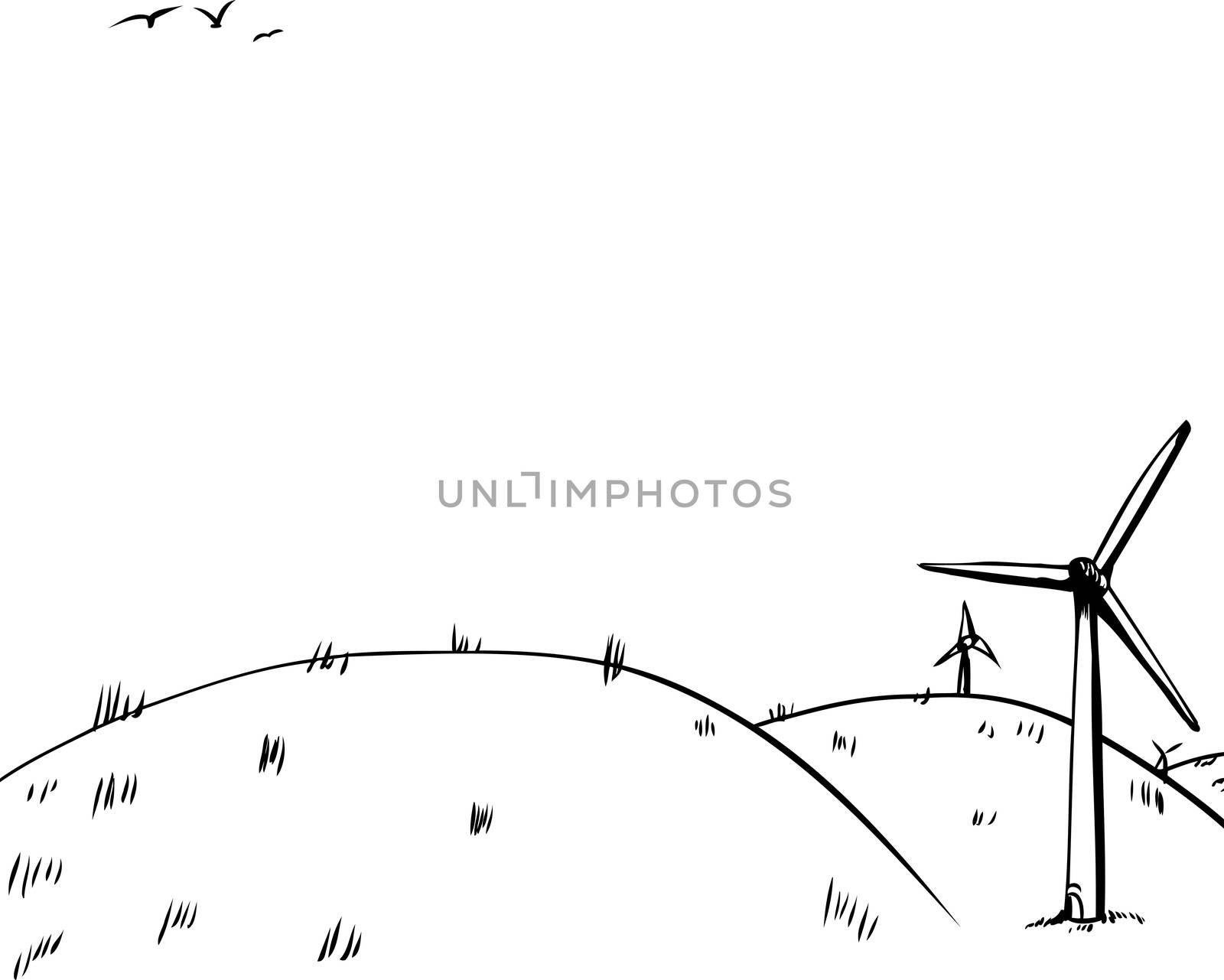 Cartoon background of three wind turbines on side of rolling hills with birds in background
