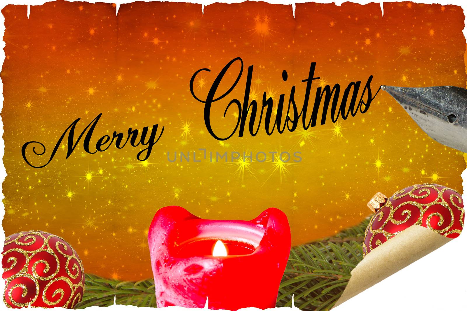 Illustration, christmas card, background with candle and stars and a greeting.

