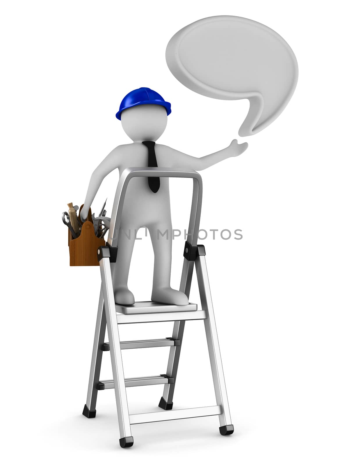 Man with wooden toolbox. Isolated 3D image