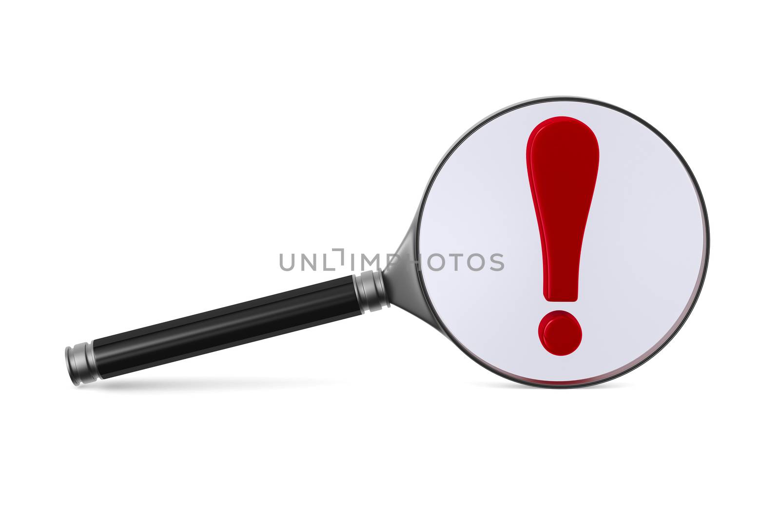 Magnifier and exclamation sign on white background. Isolated 3D image