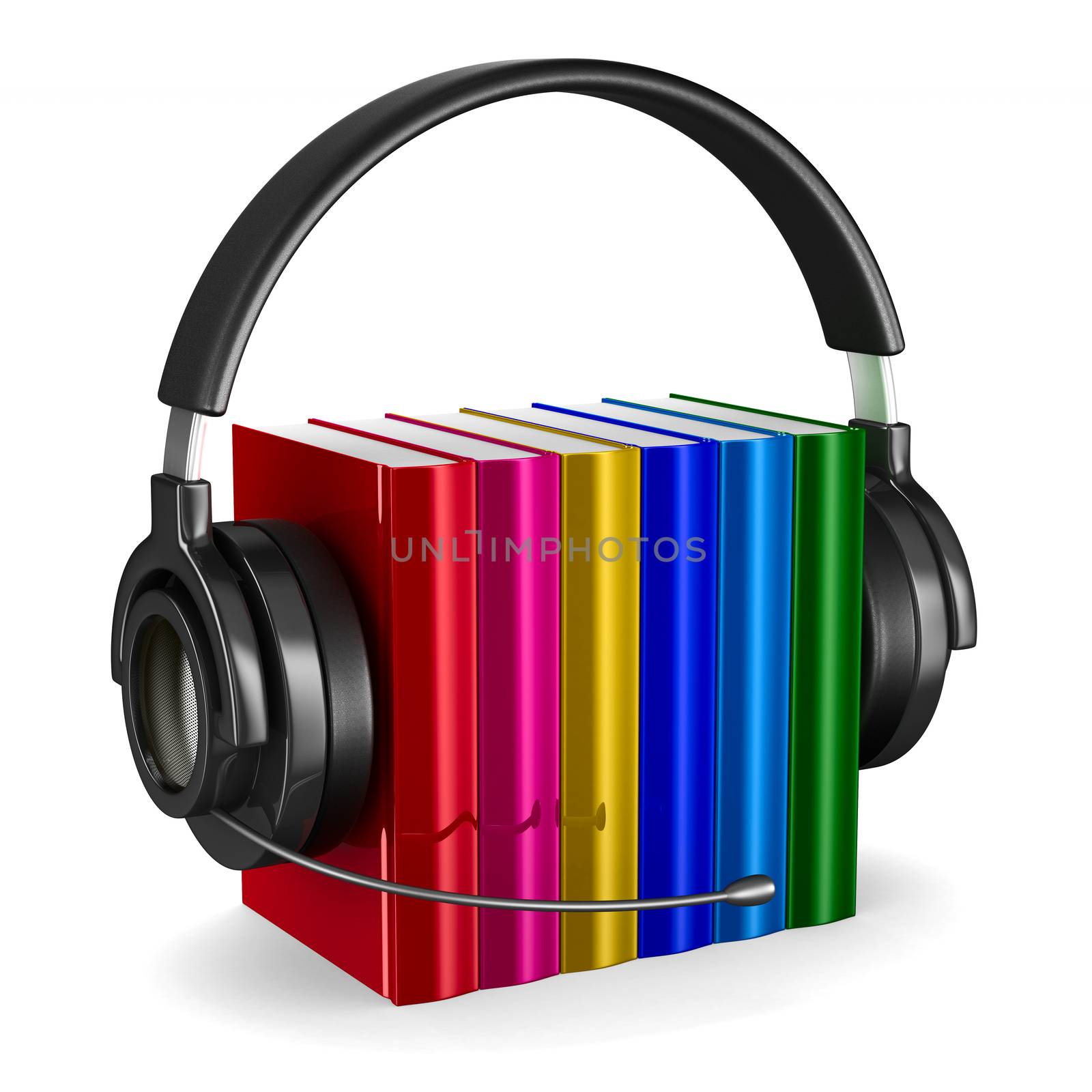Headphone and books on white background. Isolated 3D image