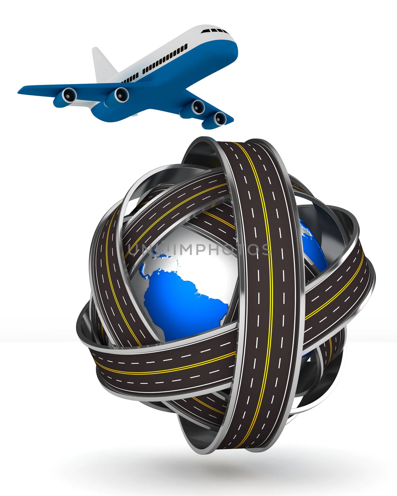 Roads round globe and airplane on white background. Isolated 3D image
