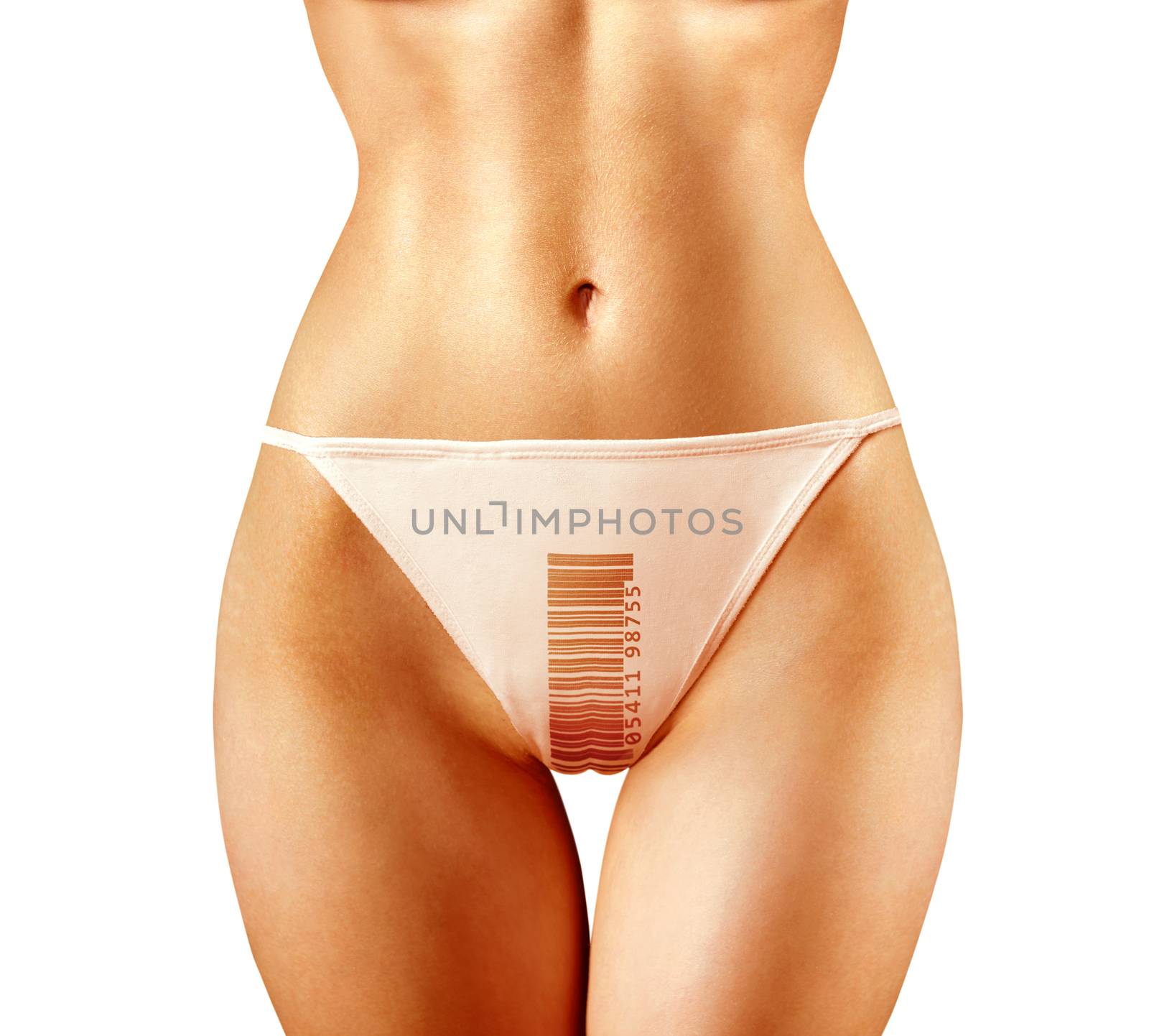 part of woman which is dressed in panties with barcode