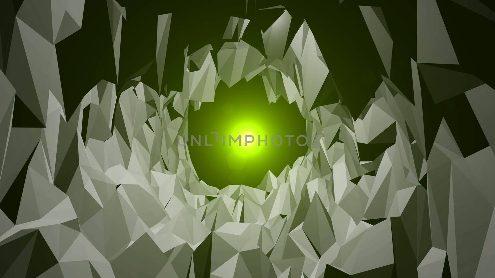 low poly tunnel with a light at the end. Polygons Waves. Background animation. Abstract 3d rendered background.