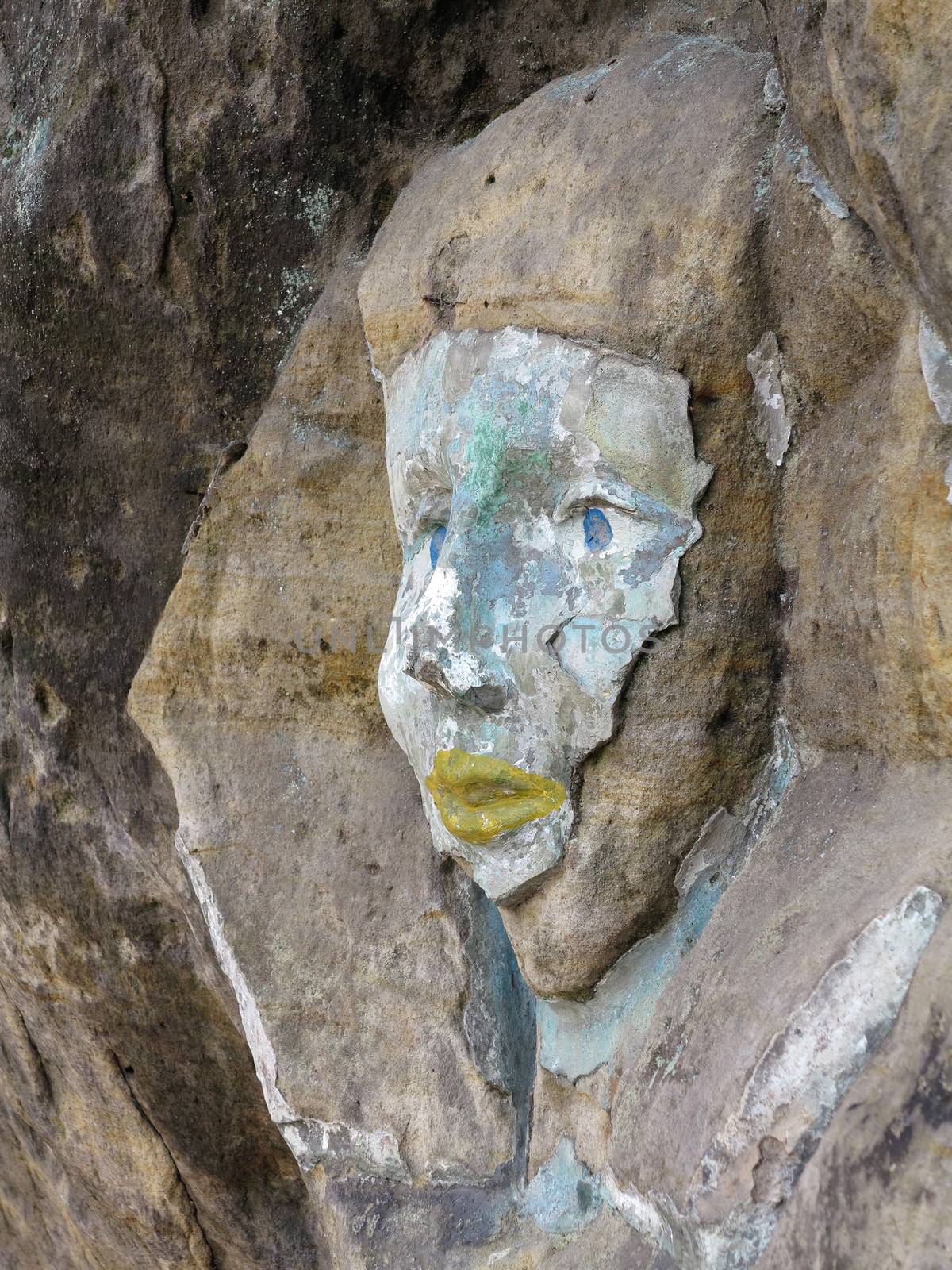 Rock relief - the face of the Sphinx - carved into the sandstone cliffs in the pine forest above the village Zelizy in the district Melnik, Czech republic. It is the works of sculptor Vaclav Levy, who created in the period 1841-1846.