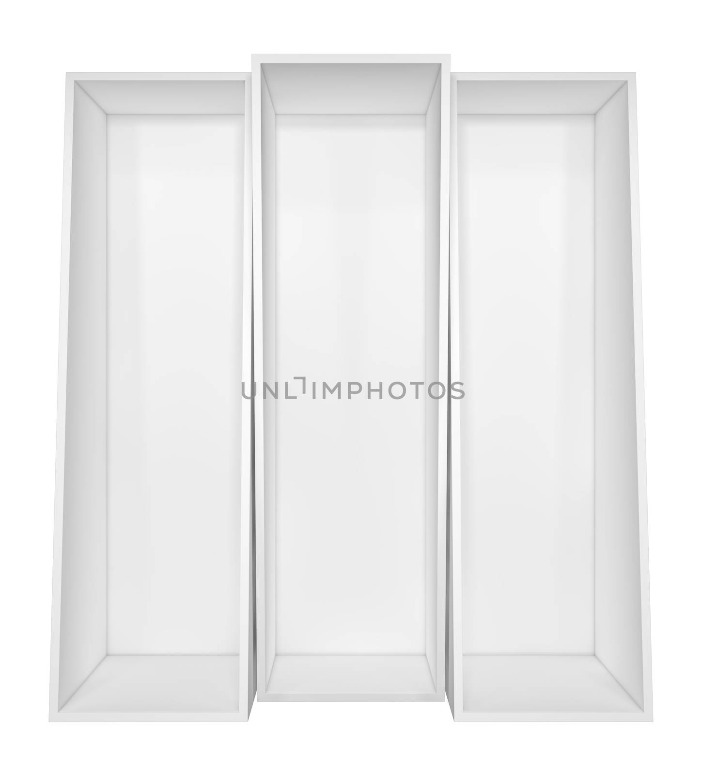 Empty white bookshelf. Isolated on white background. 3D illustration