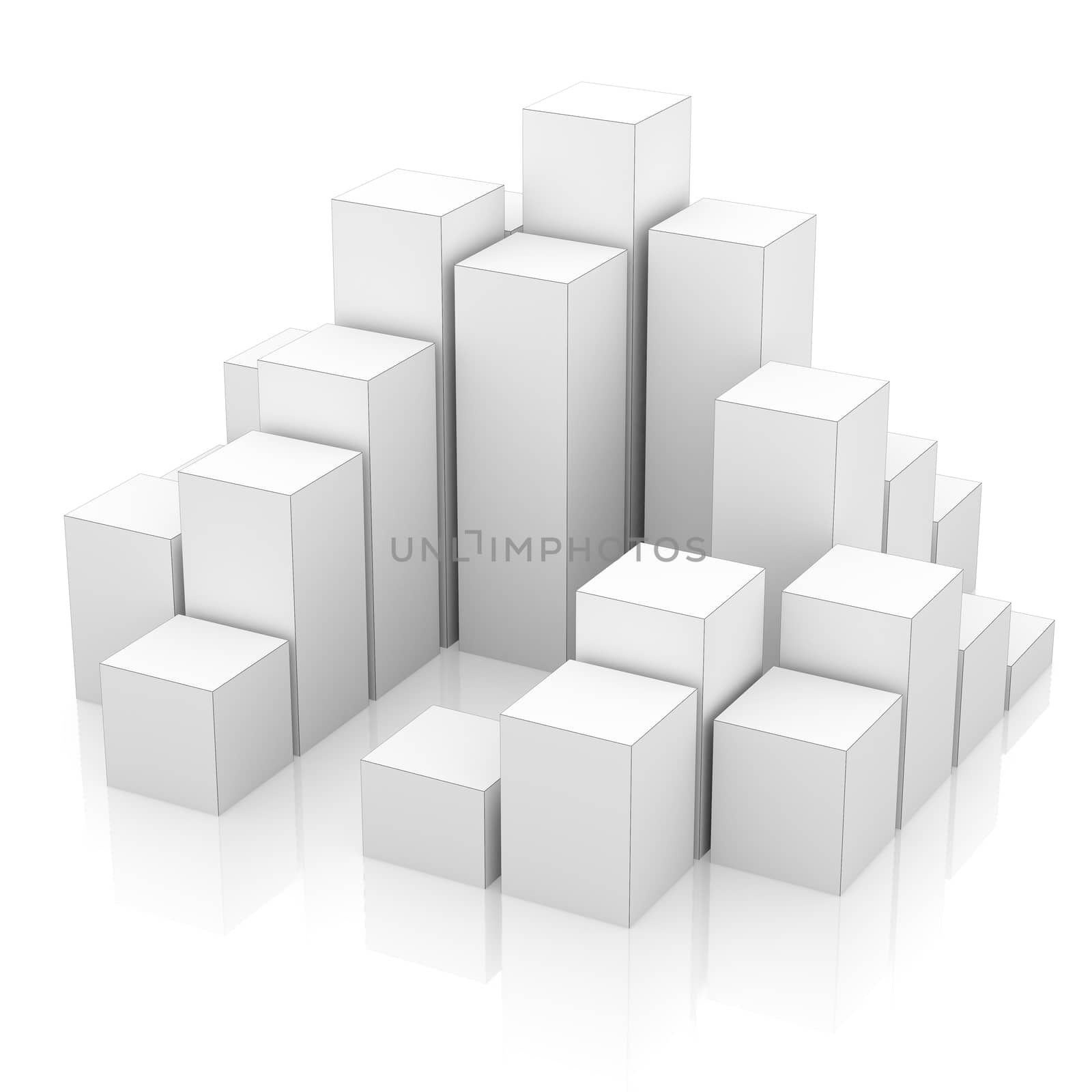 City of boxes isolated on mirror floor. 3D illustration