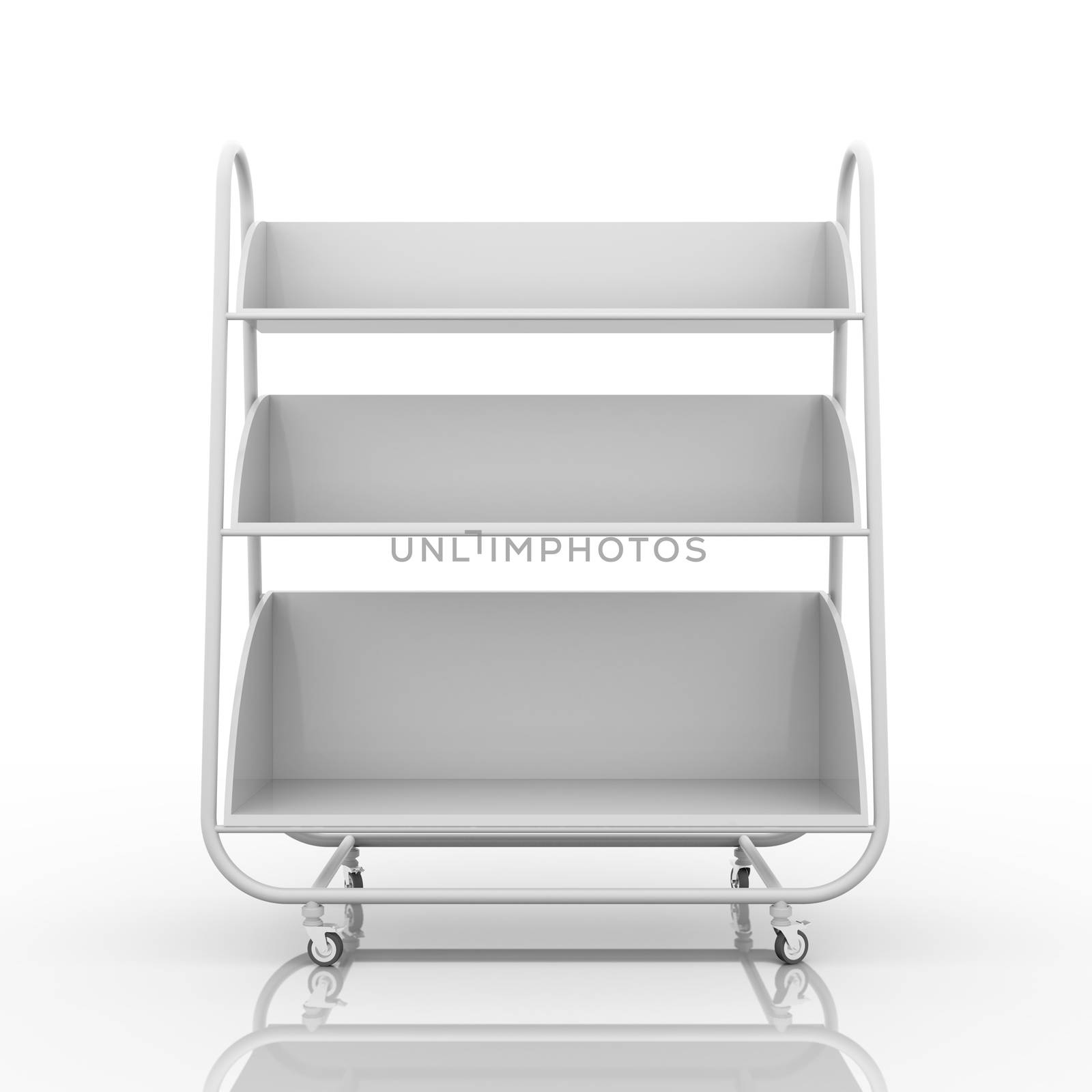 Empty white mobile showcase with reflection on floor. White background. 3D rendering