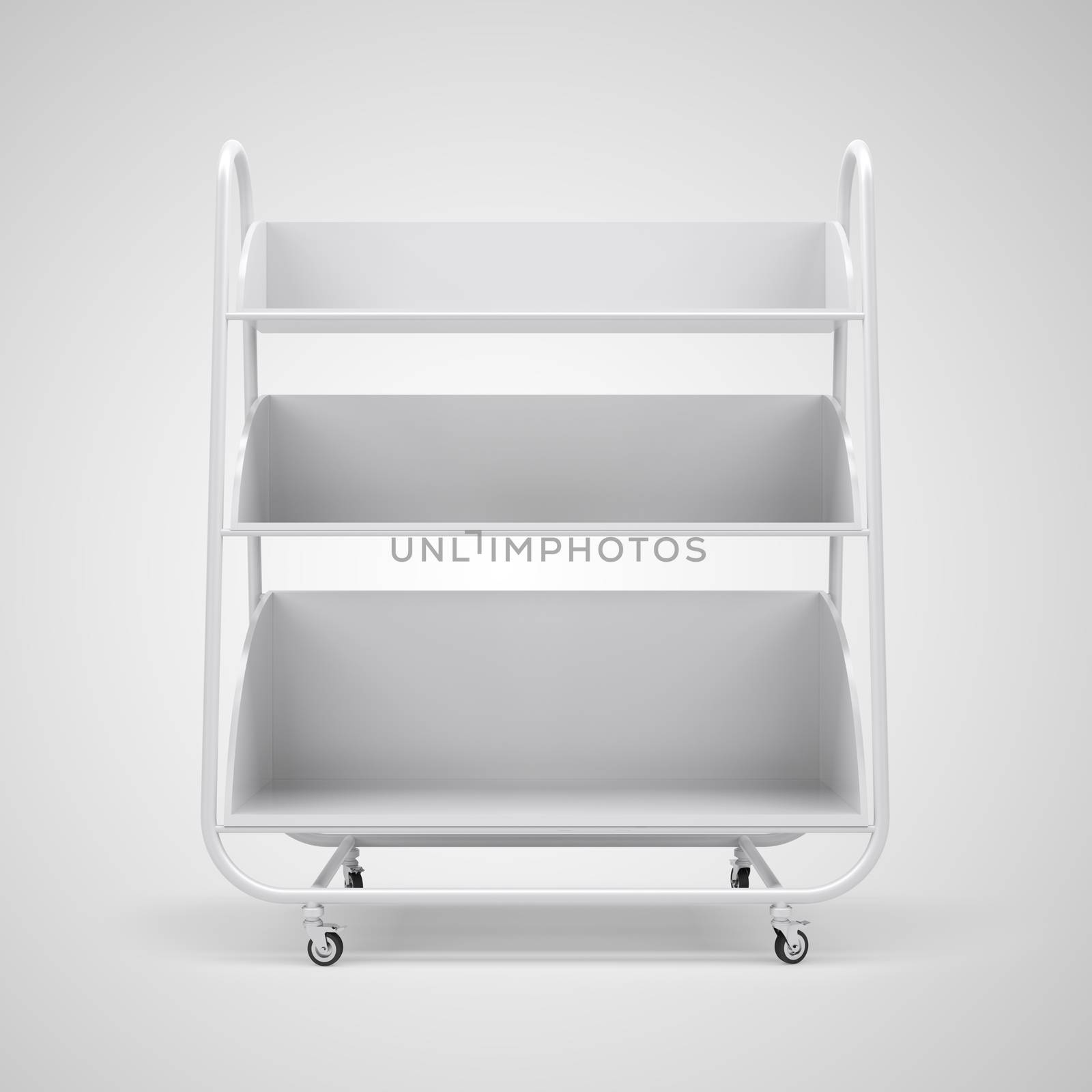 Empty white mobile showcase with shadow on floor. Gray gradient studio background. 3D rendering