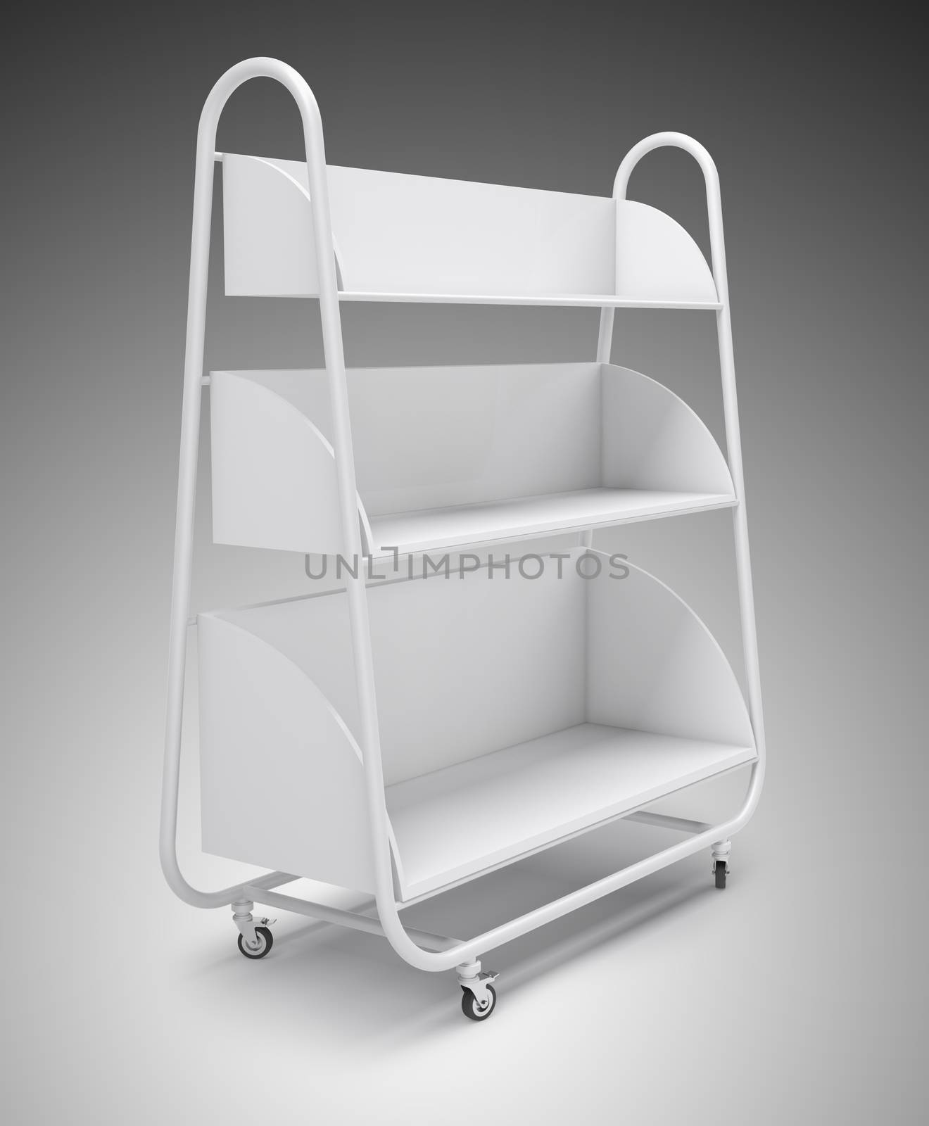 Empty white mobile showcase with shadow on floor. Gray gradient studio background. 3D rendering