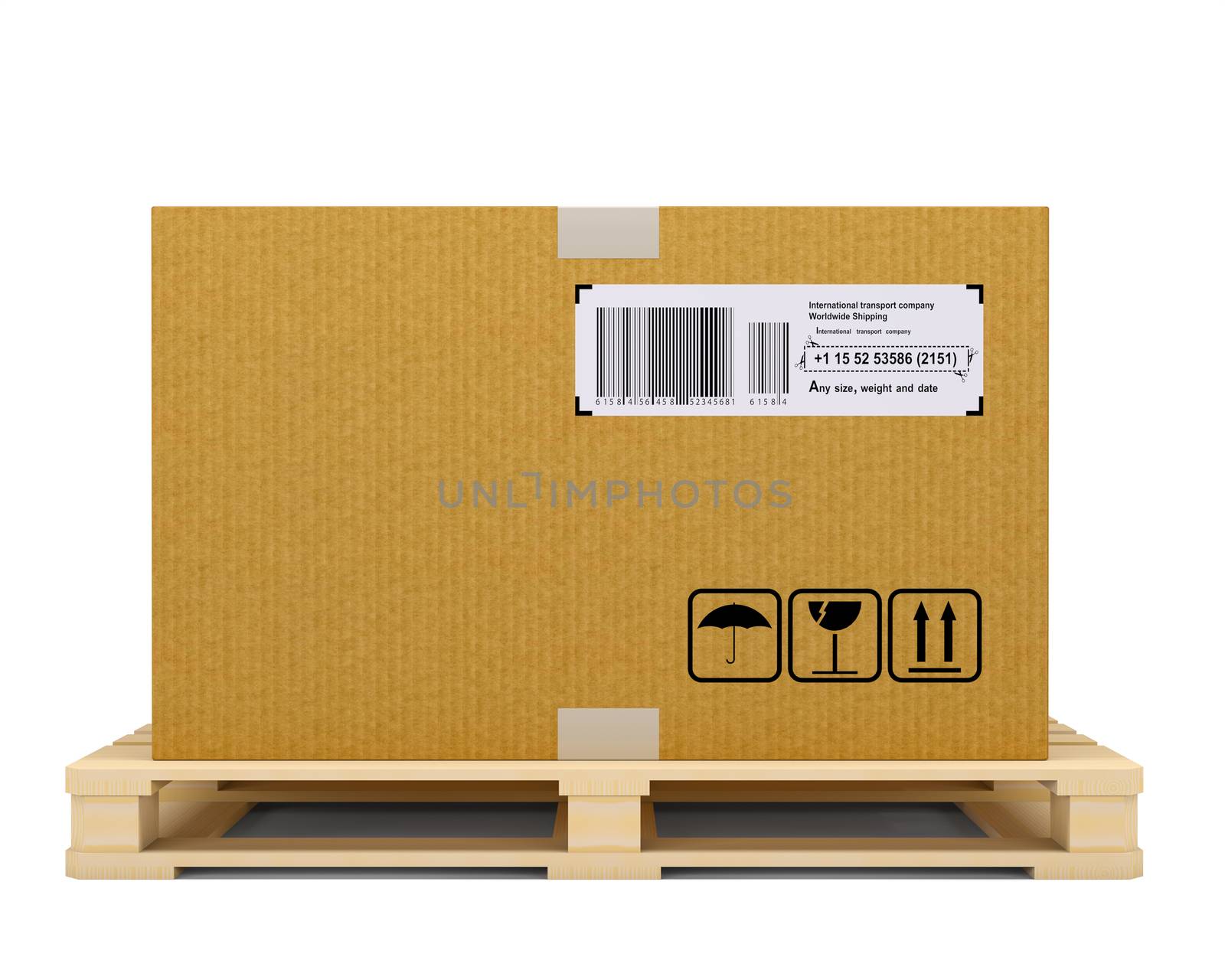 Cardboard box on wooden pallet isolated on white background. Warehouse, shipping, cargo and delivery concept. 3D illustration