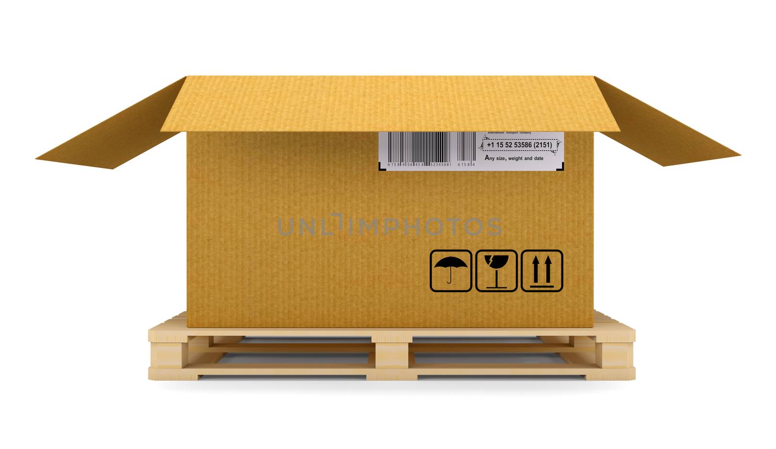 Opened cardboard transportation box on wooden pallete. Isolated on white. 3D illustration