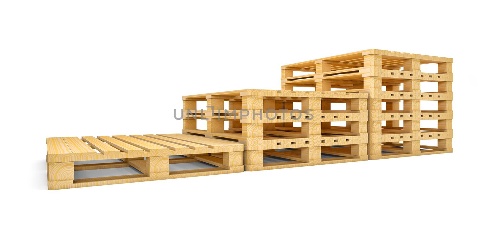 Stair of new wooden pallets isolated on white. 3D rendering