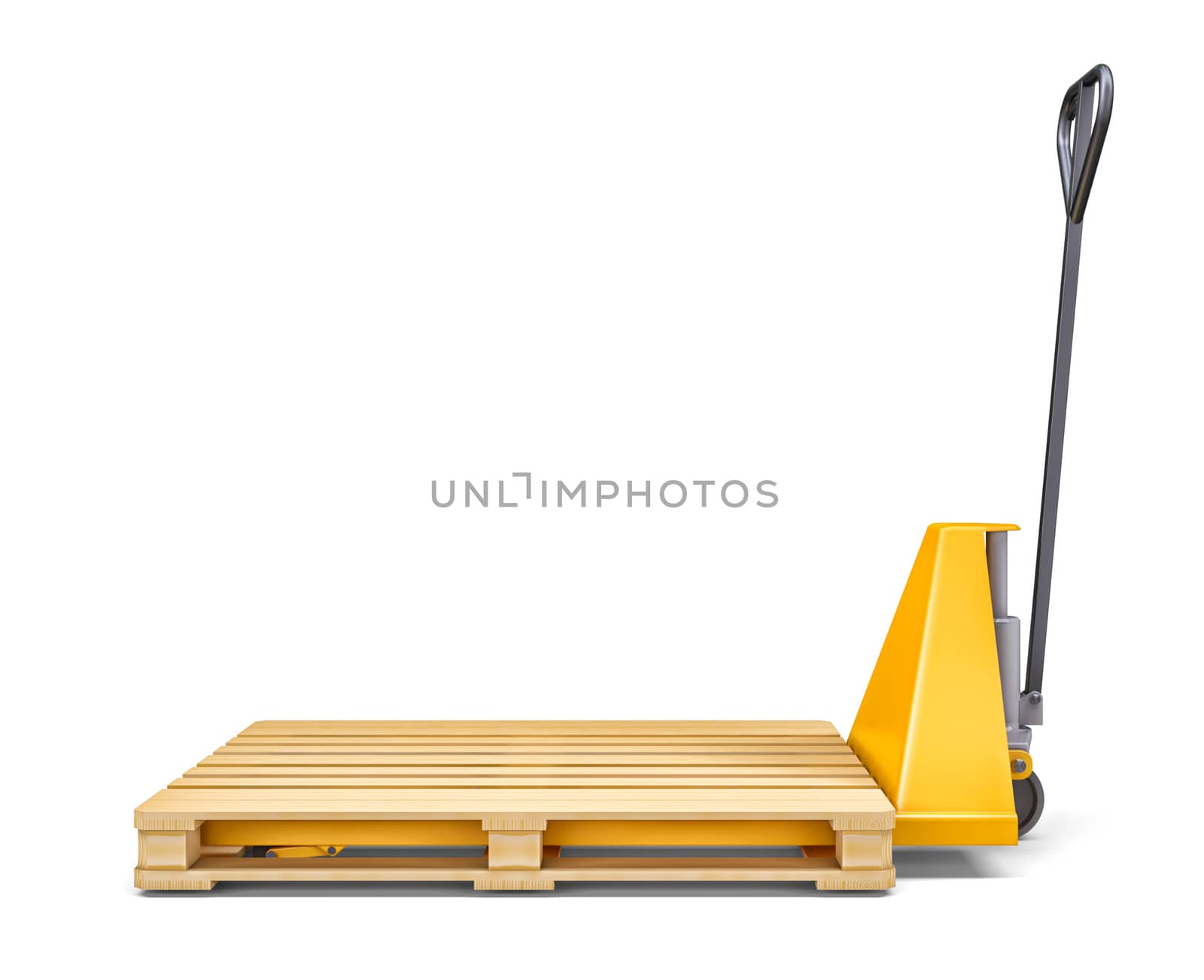 Pallet jack and wooden pallet on white background. 3D rendering