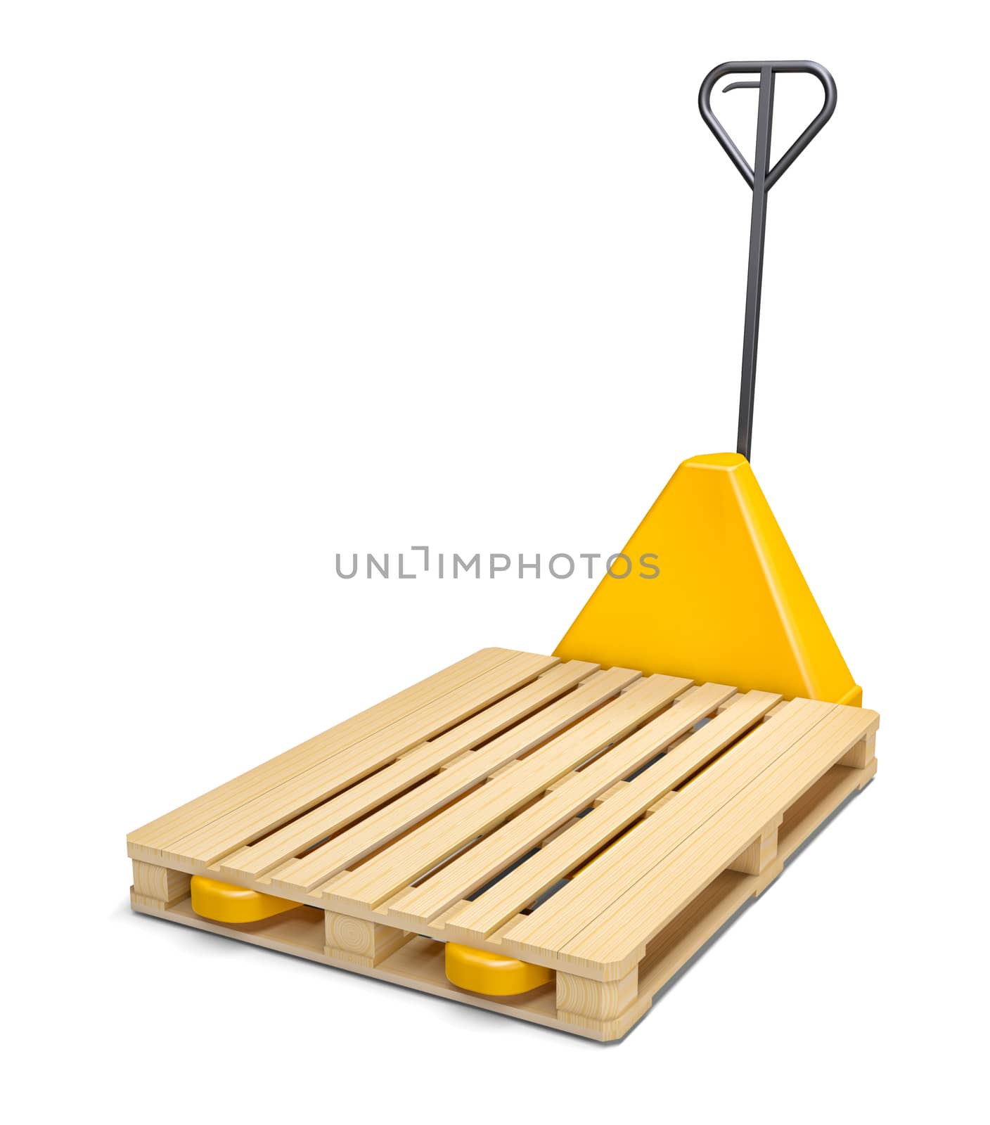 Pallet truck with wooden pallet isolated on white. 3D Illustration