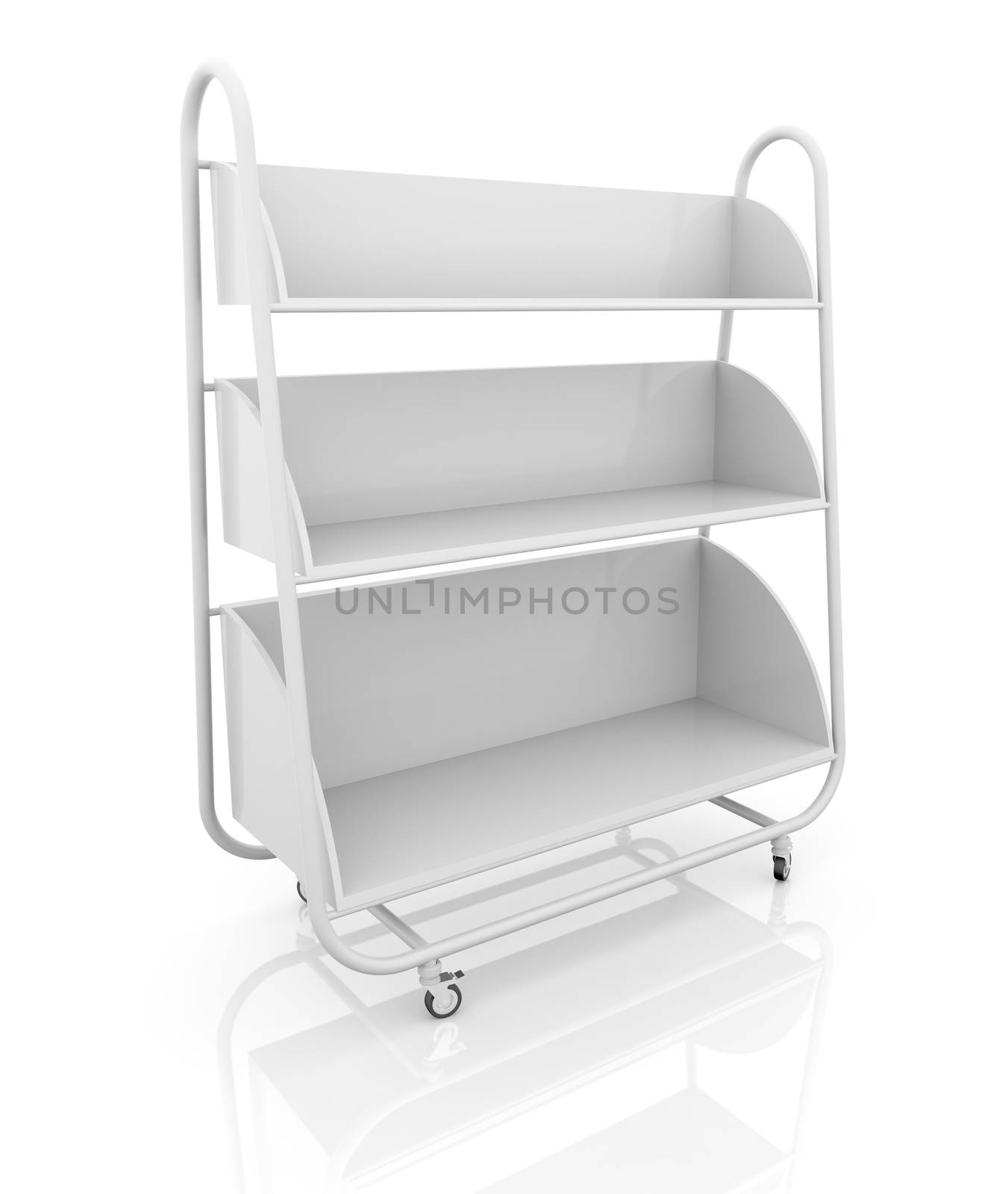 Empty white mobile showcase with reflection on floor. White background. 3D rendering