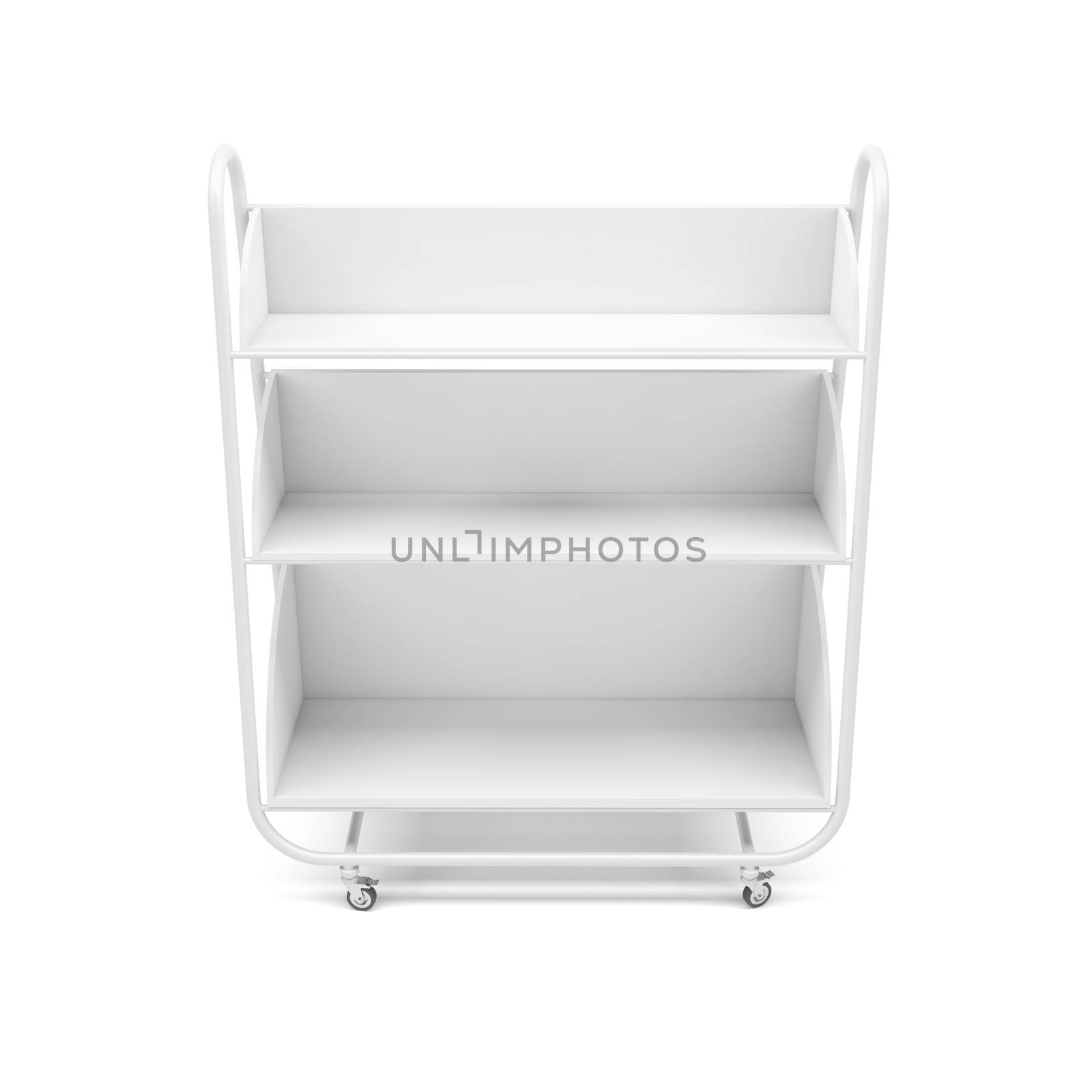 Empty white mobile showcase with shadow on floor. White background. 3D rendering