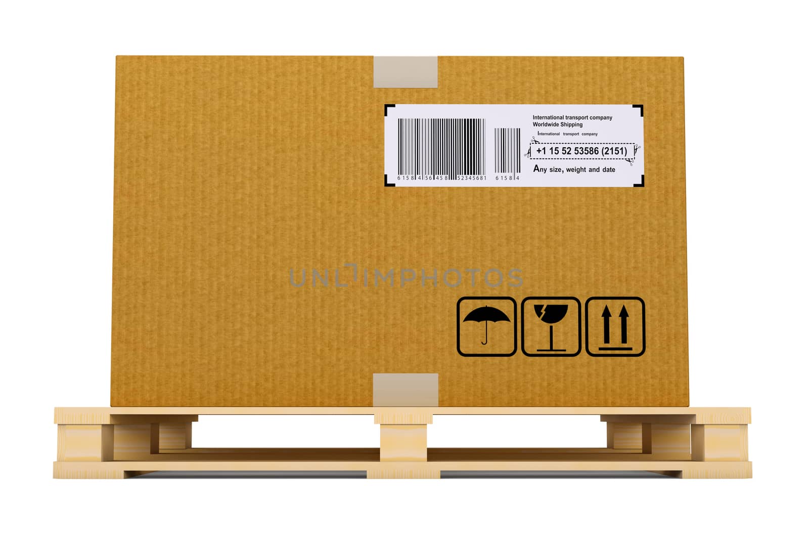 Cardboard box on pallet. Isolated on white background. 3D illustration