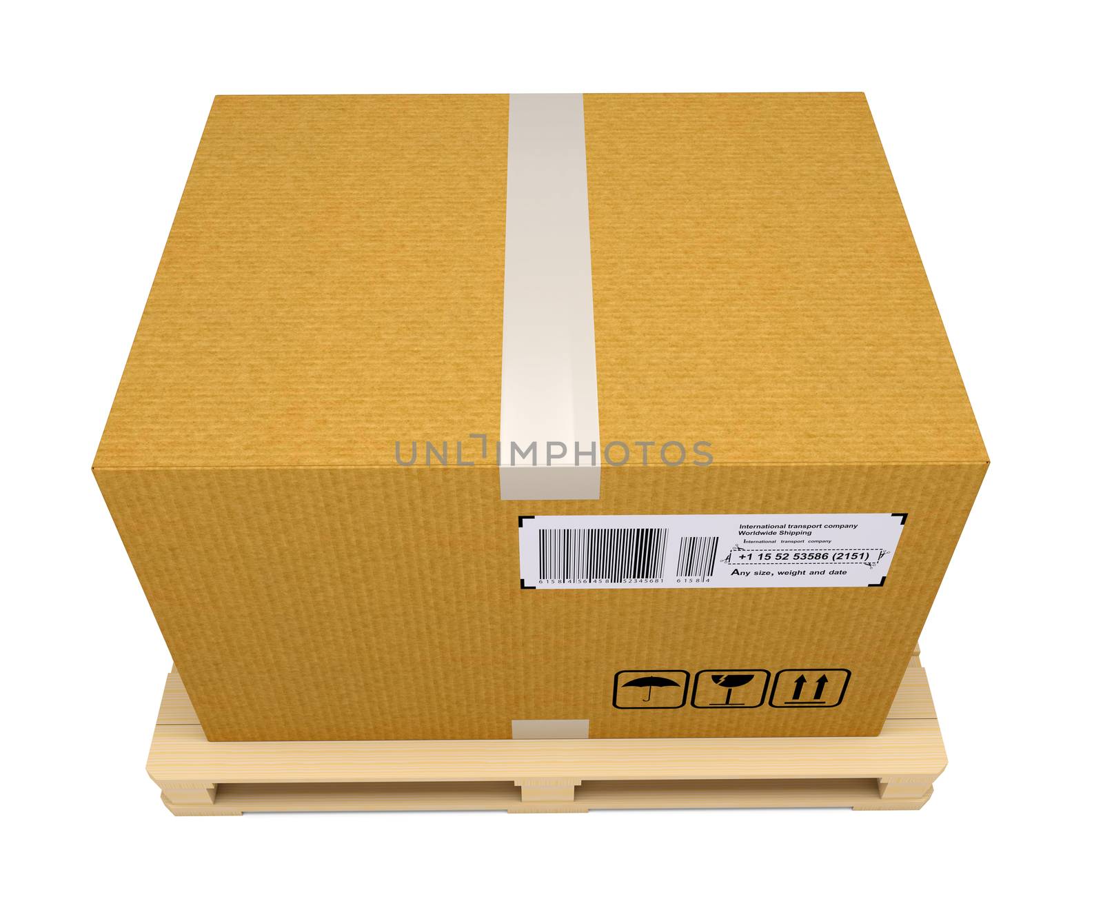 Corrugated cardboard box on wooden pallet isolated on white. Top view. 3D rendering