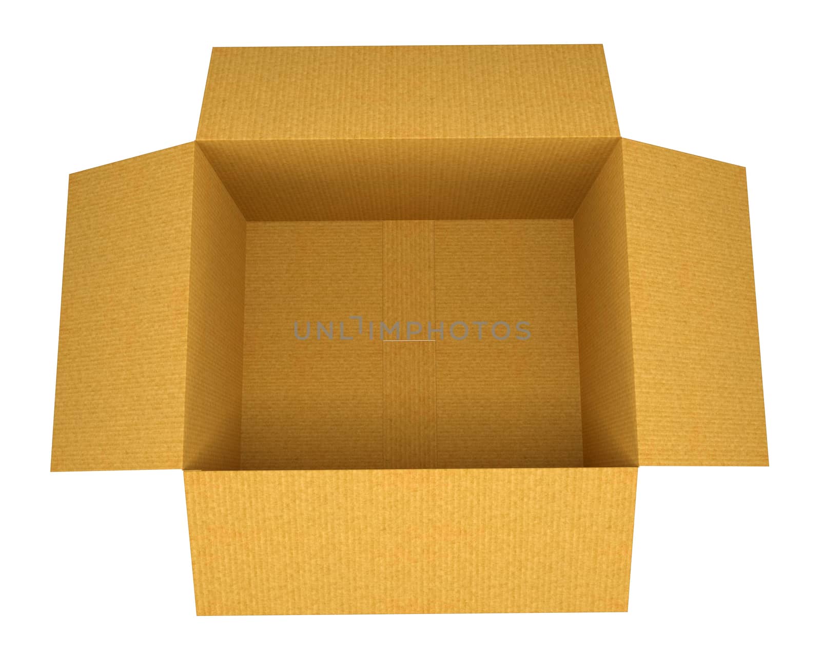 Open corrugated cardboard box on white background. Top view. 3D rendering