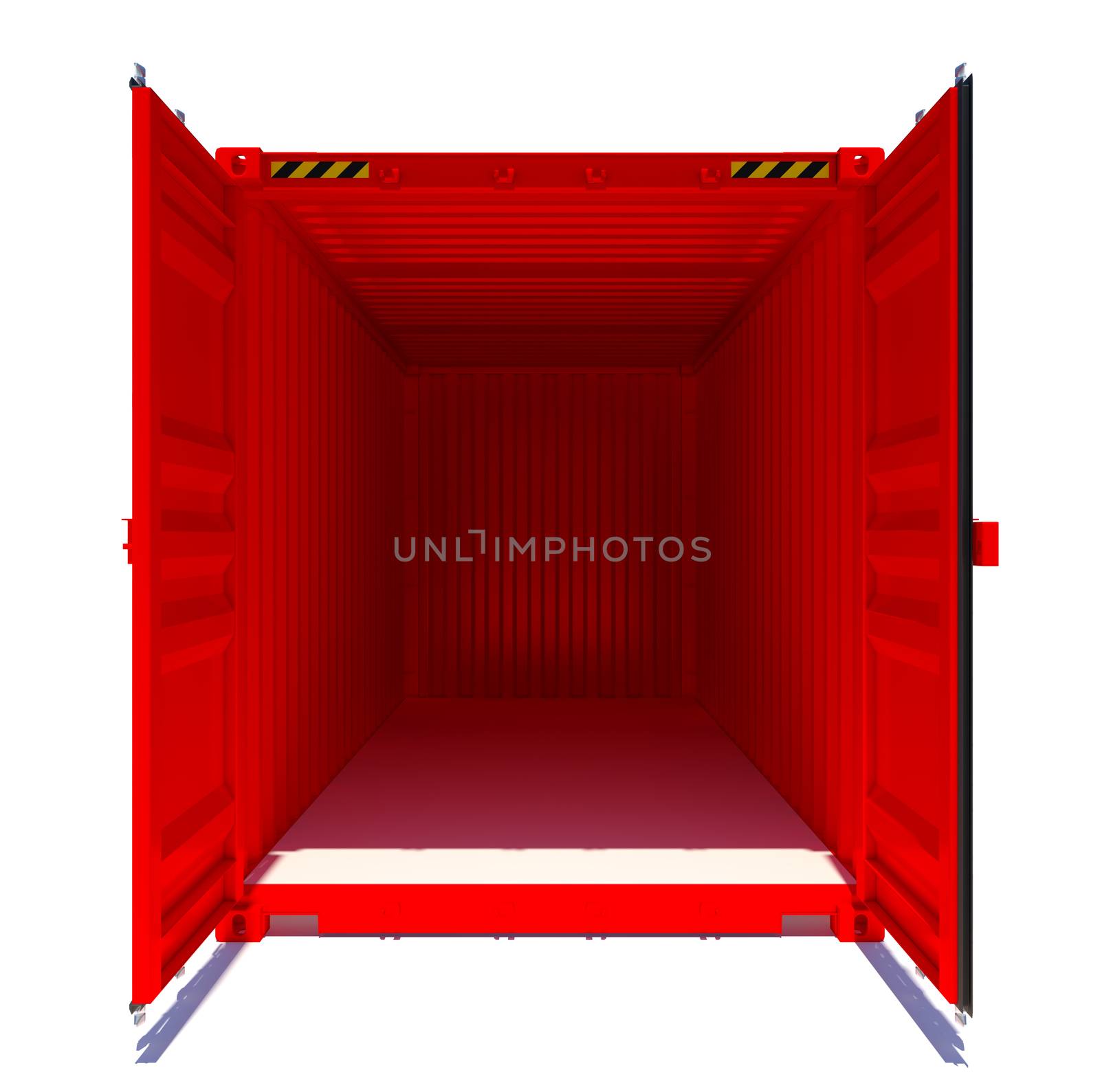 Open red shipping container. Front view. 3D rendering