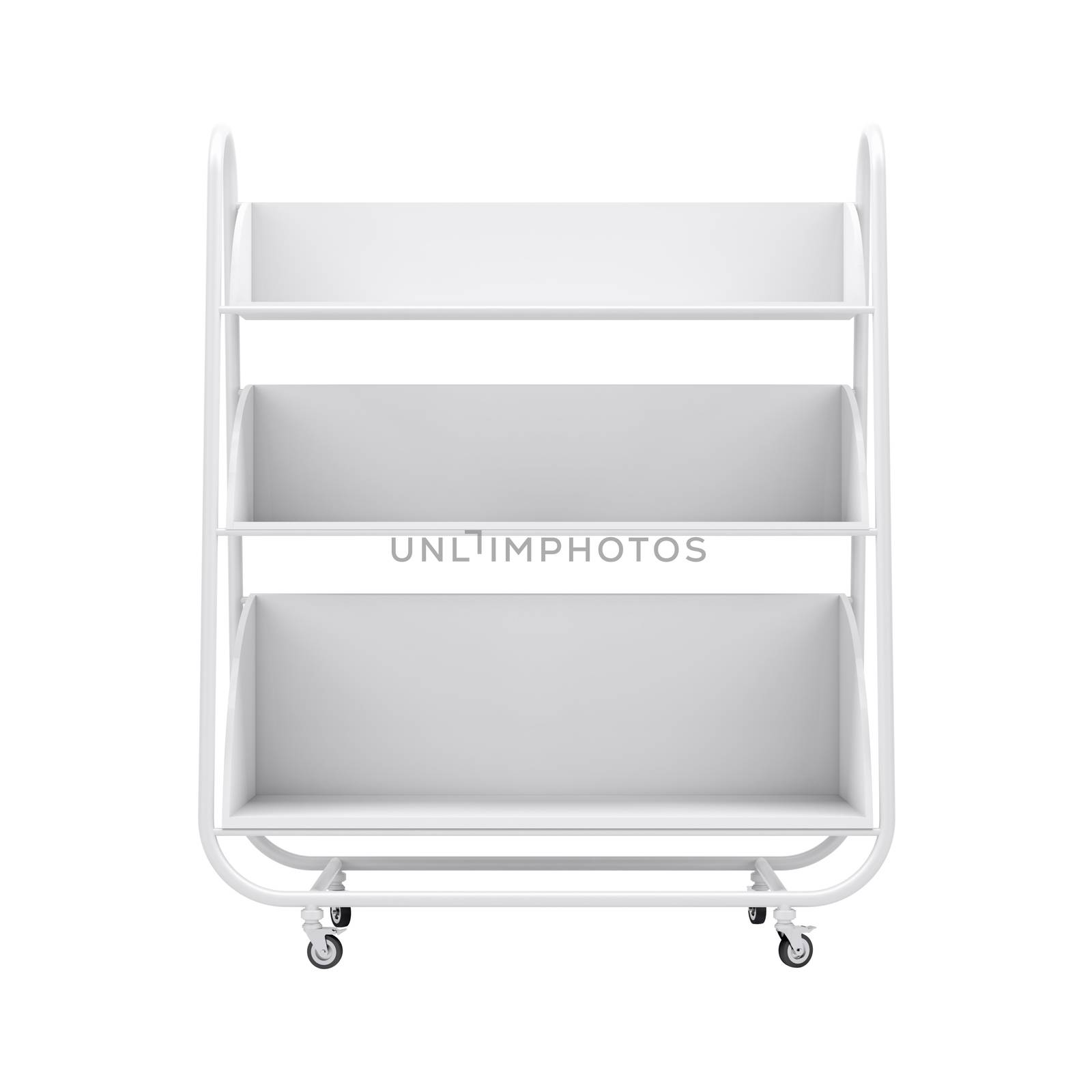 Empty white mobile showcase with shadow on floor. White background. 3D rendering