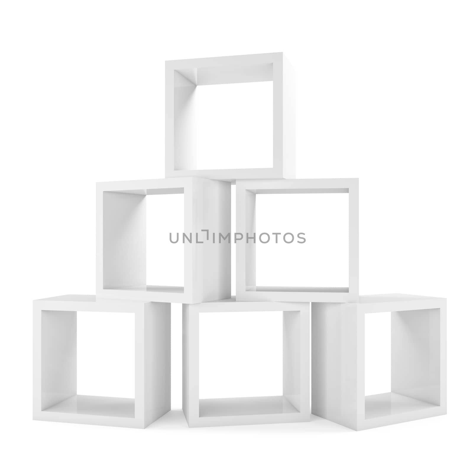 Shelves. Pyramid from boxes. Isolated on white. 3D illustration