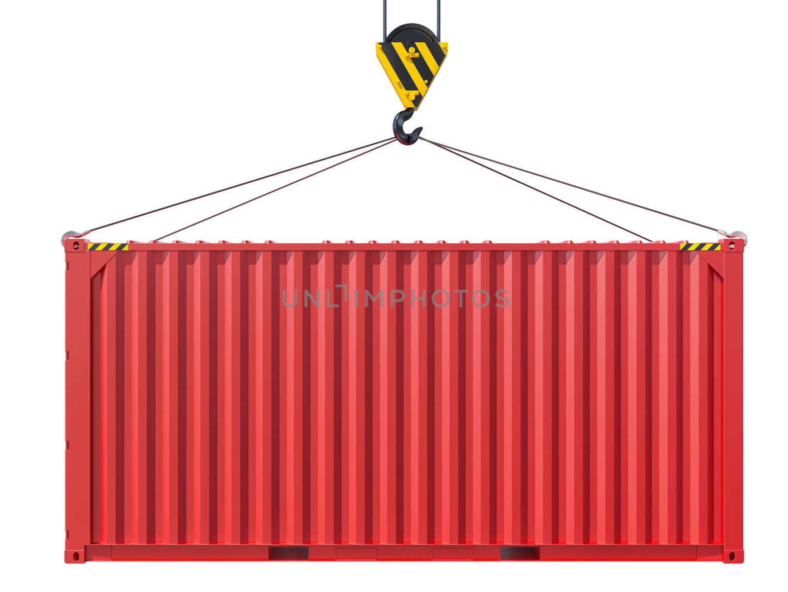 Crane hook lifts metal container. Isolated on white background. 3D rendering