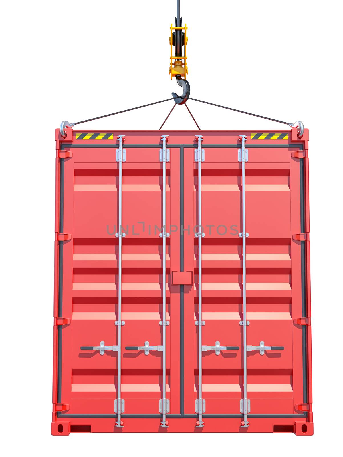 Shipping container. Crane hook. Side view. Isolated on white. 3D rendering
