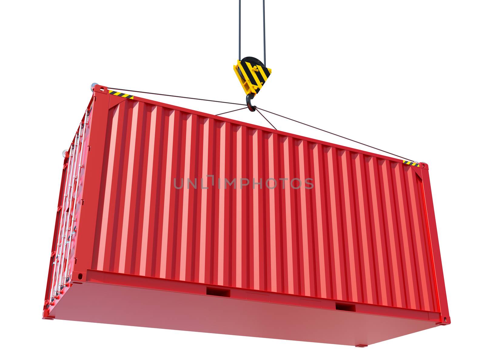 Red cargo container hoisted by hook by cherezoff