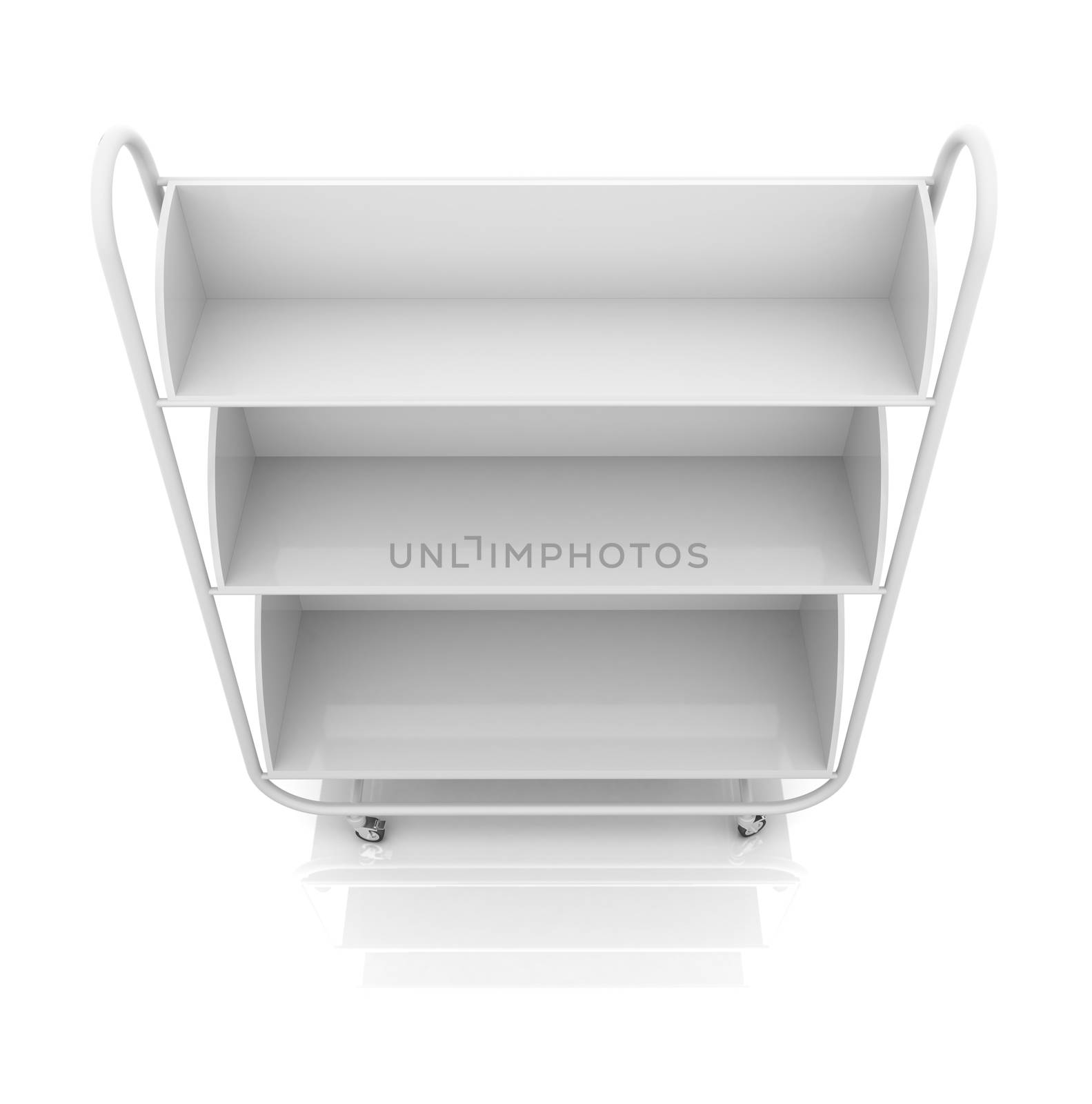 Empty white mobile showcase with reflection on floor. White background. 3D rendering