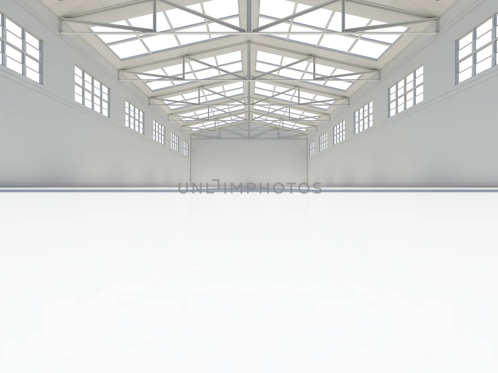 Huge empty light warehouse. Industrial concept. 3D illustration