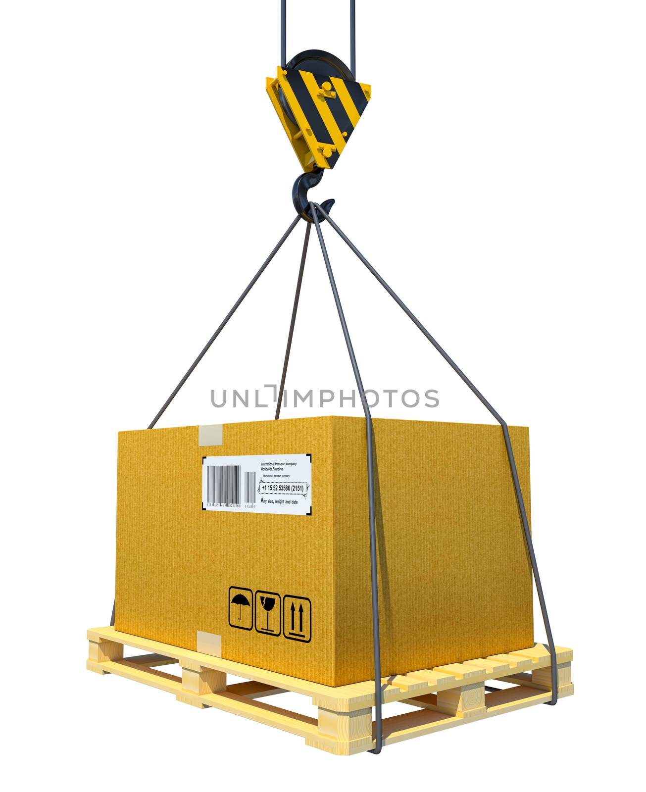 Pallet with cardboard lifted by crane. 3d illustration